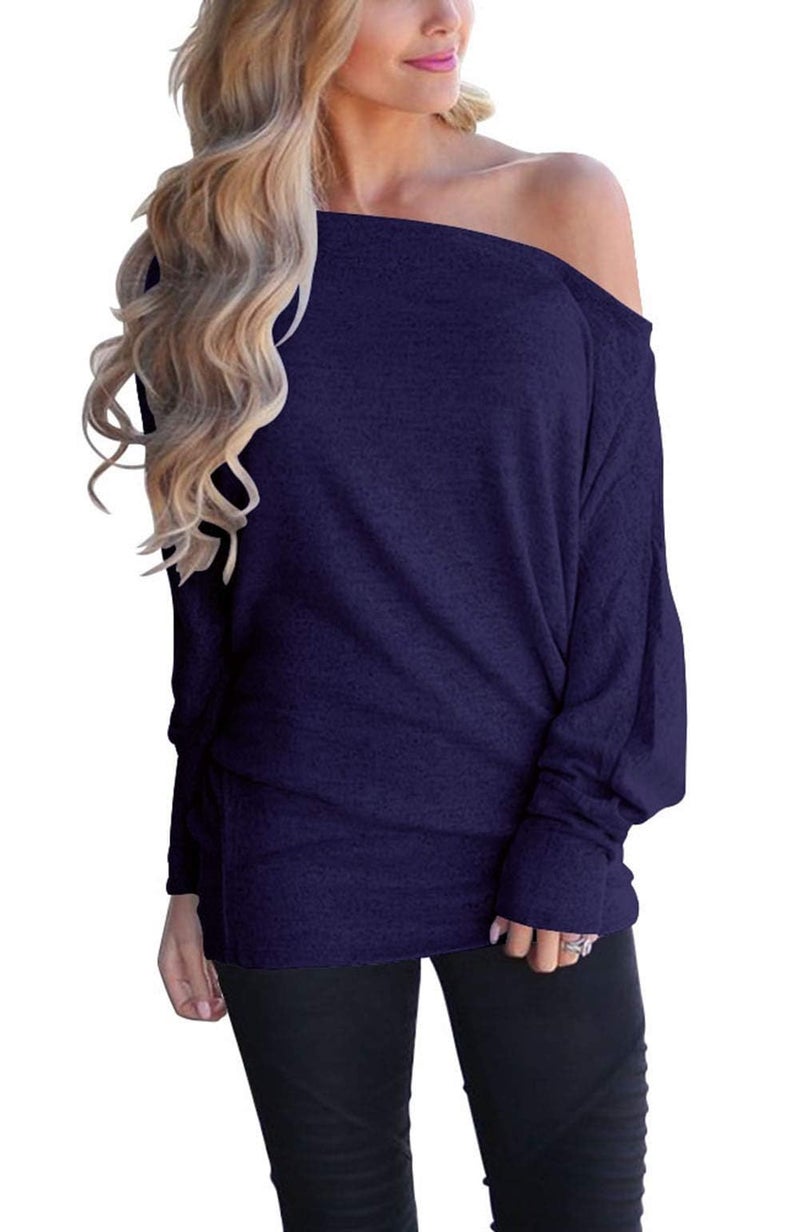 Lacozy Womens Oversized Shirts Off The Shoulder Tops Long Sleeve Pullover Sweater Knit Jumper Navy Blue XXL - Image 1